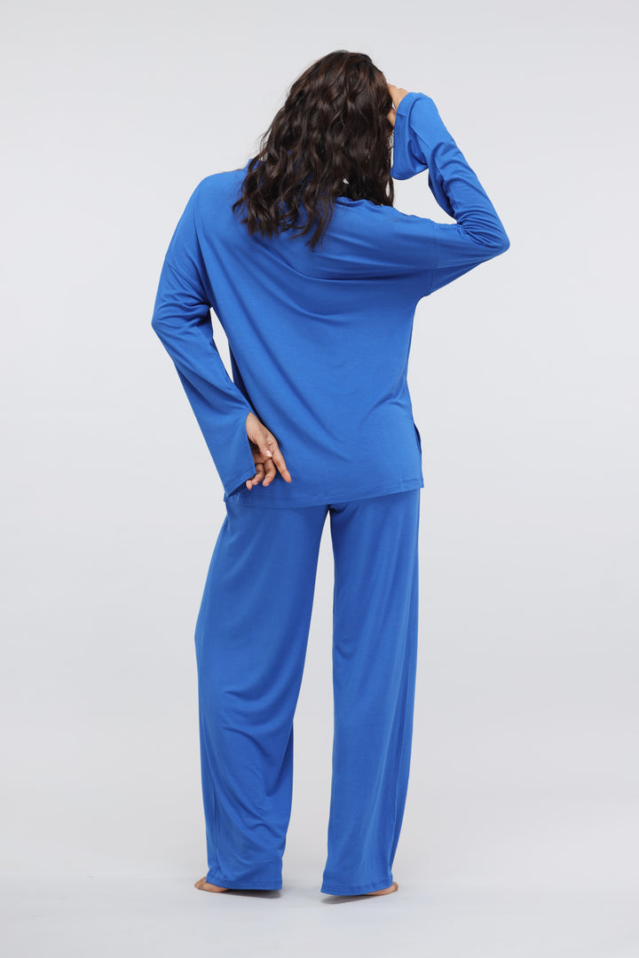 Olympian Blue Modal Long Button Down Slit Top for women.