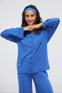Olympian Blue Modal Long Button Down Slit Top styled with matching headband.