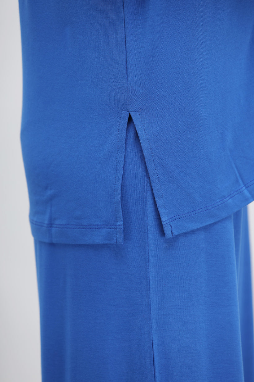 Close-up of Olympian Blue Modal Flared Lounge Pant detailing and fabric texture.
