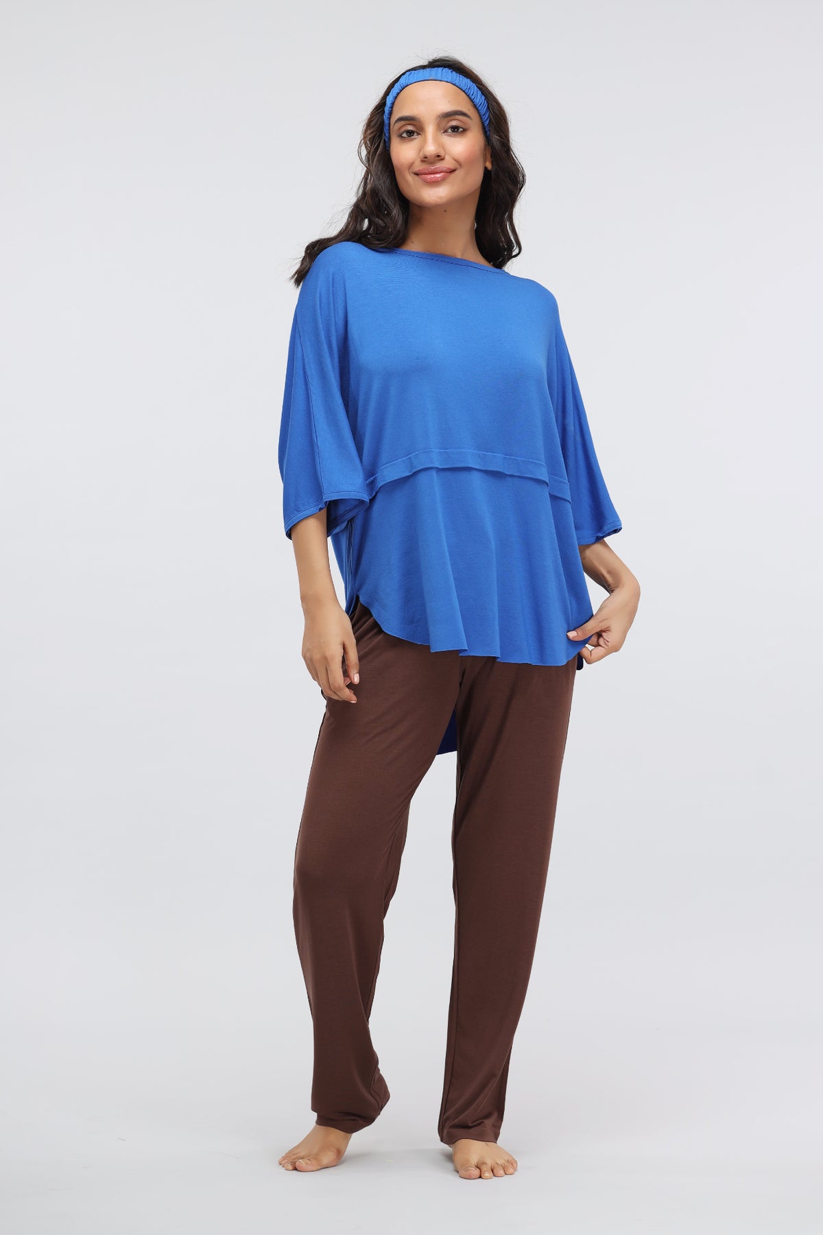 Olympian Blue Modal Oversized Lounge Top on model, casual and comfortable design.
