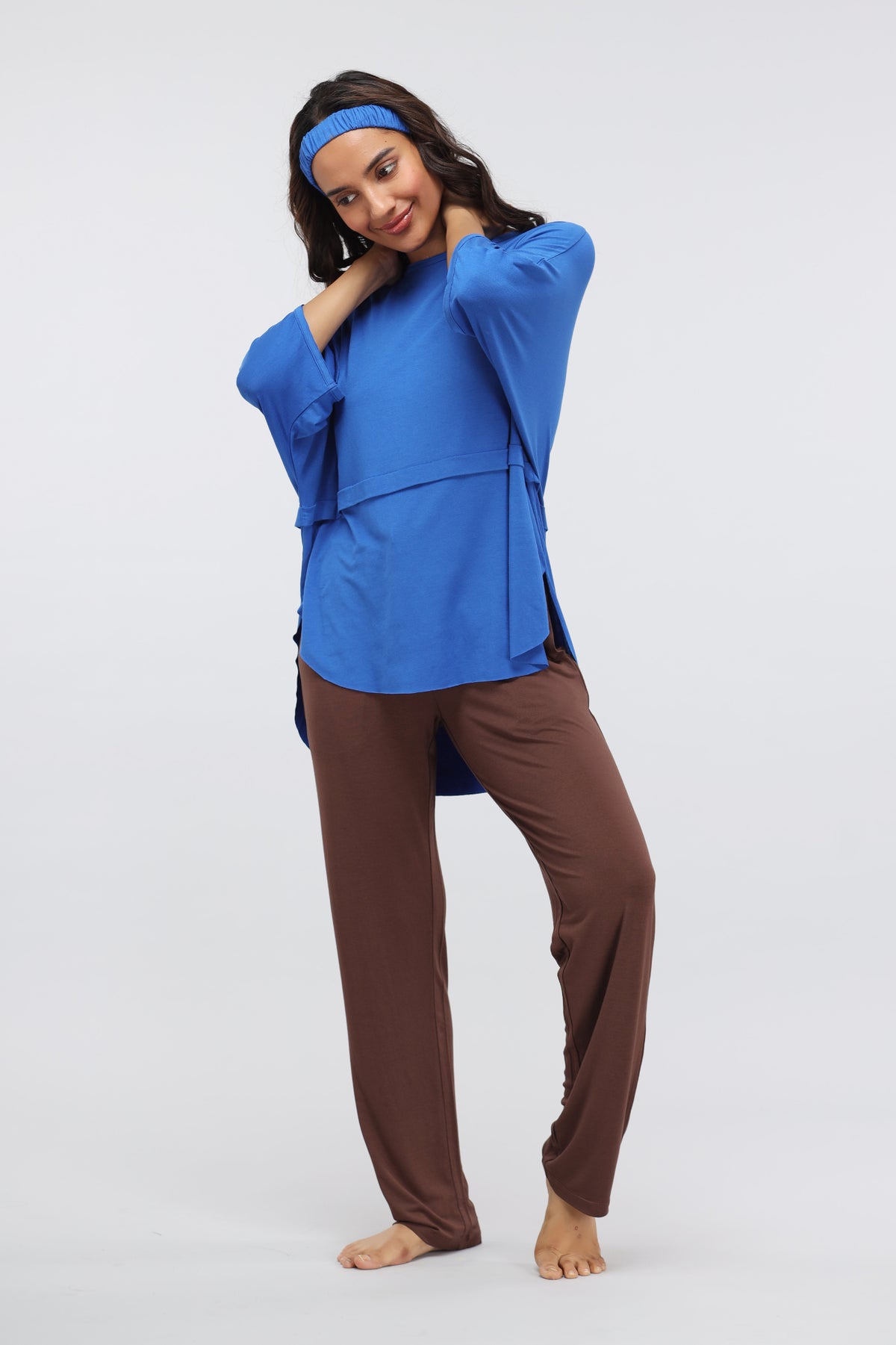 Olympian Blue Modal Oversized Lounge Top with matching brown pants.