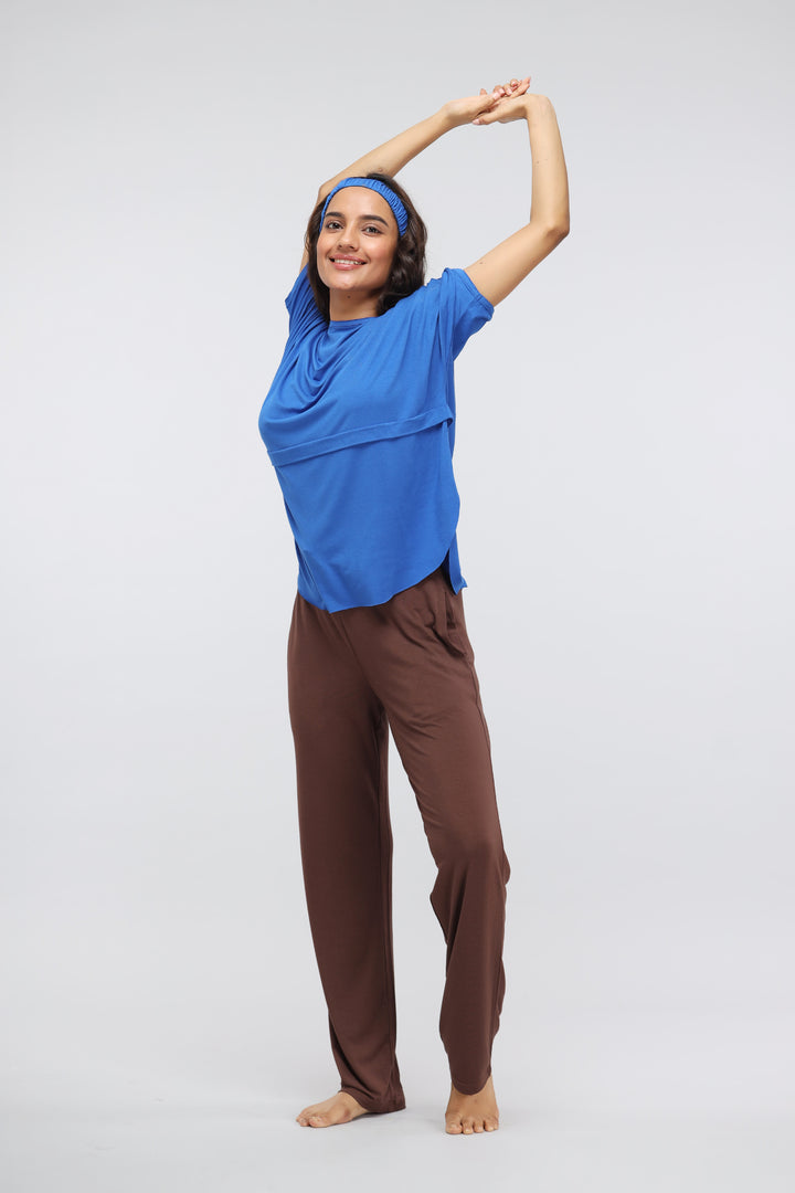 French Roast Lounge Set with Olympian Blue Top and Brown Pants.