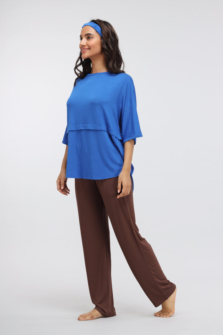 French Roast Lounge Set with Olympain Blue Top and Brown Pants.