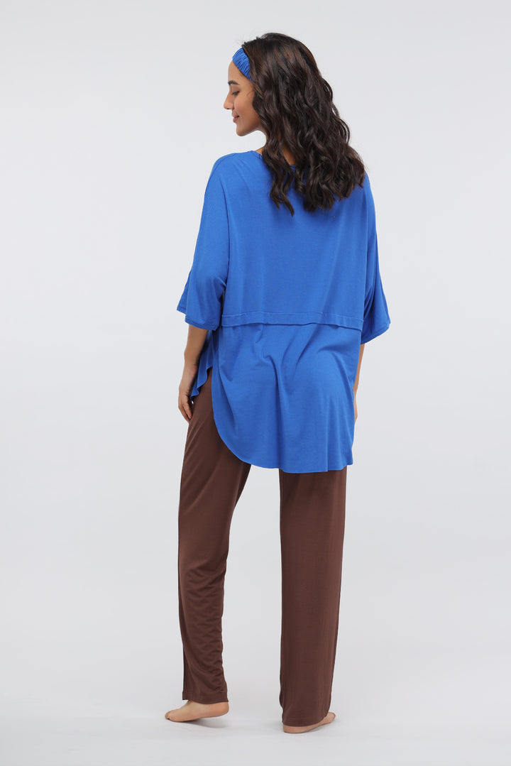 Olympian blue oversized top with brown lounge set, stylish and comfortable outfit.