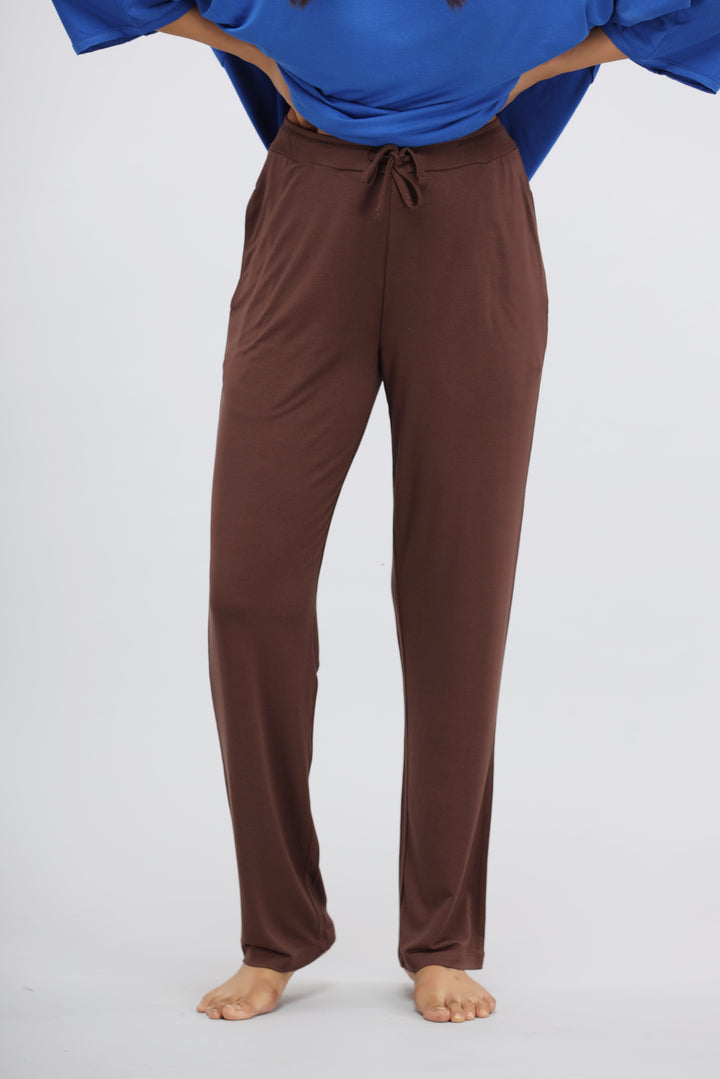 Brown modal straight lounge pants for comfortable casual wear.