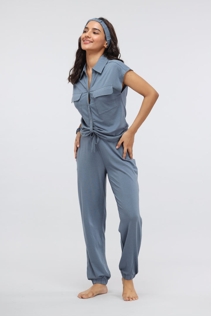 China Blue Supima® jogger set on a model, stylish and comfortable.