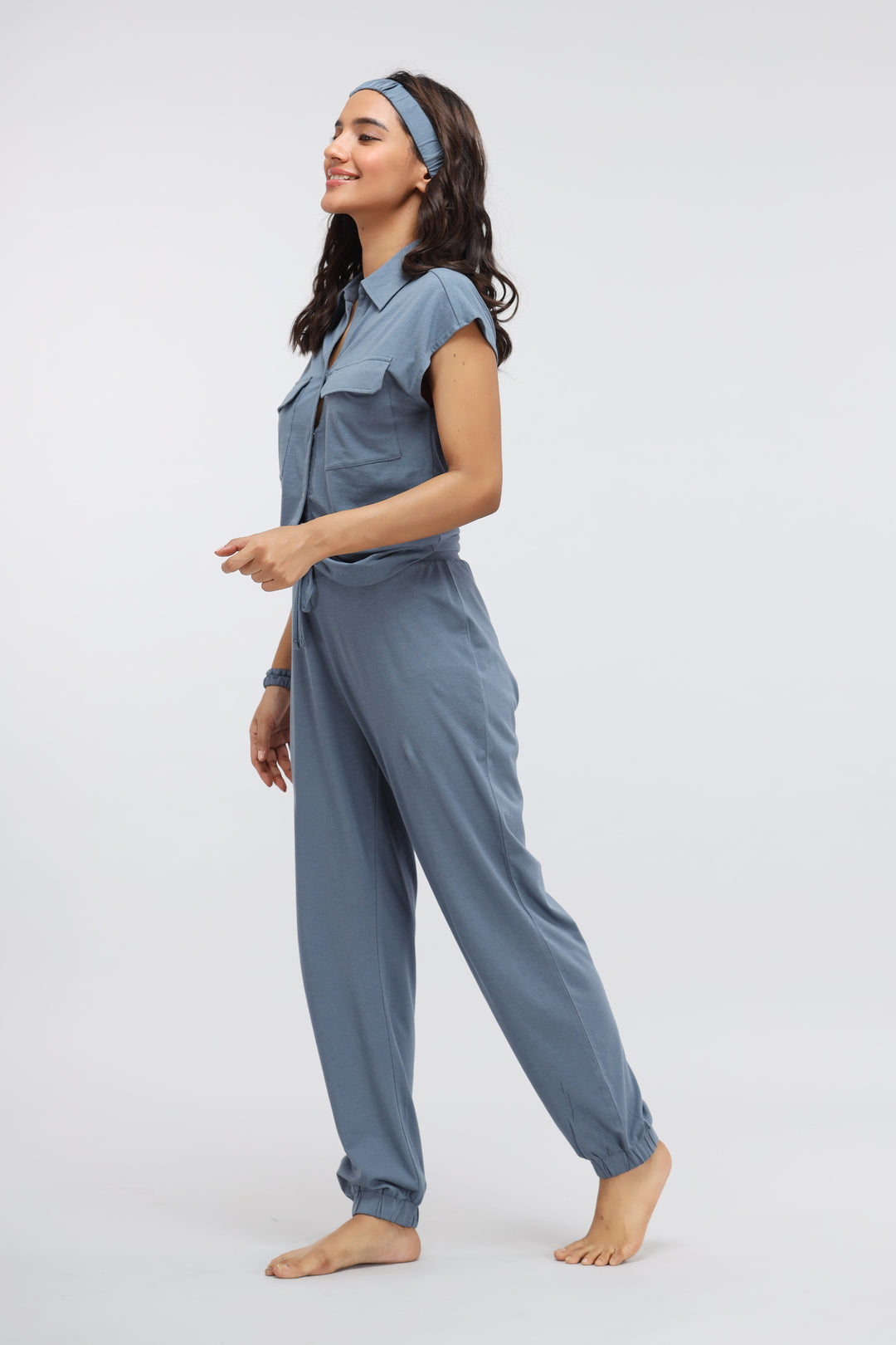China Blue Supima® Jogger Set featuring a stylish woman in comfortable attire.