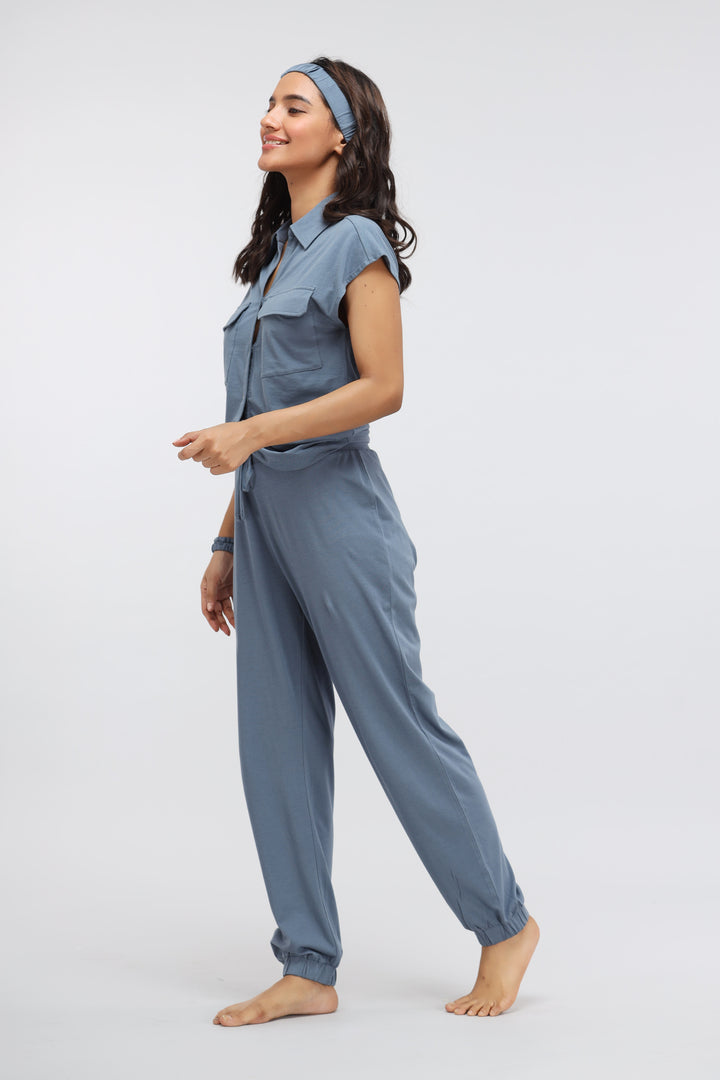 China Blue Supima® Jogger Set featuring a stylish woman in comfortable attire.