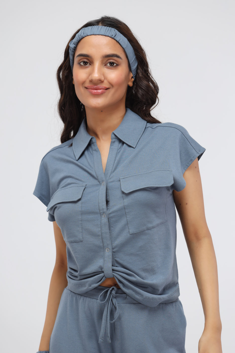 China Blue Supima® Jogger Set modeled by a woman with a headband.