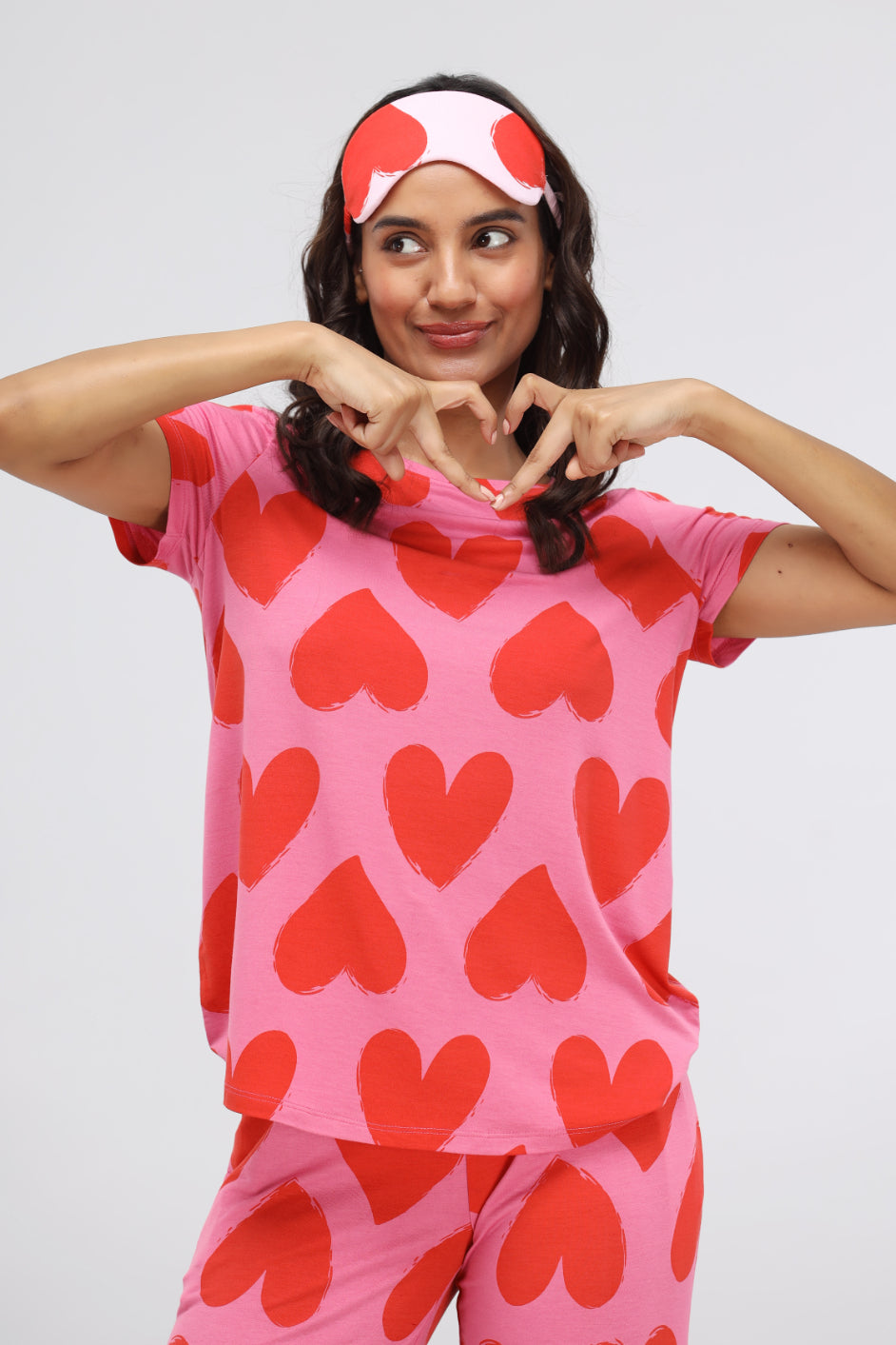 Pink Love Modal Pajama Set with heart print and matching headband.