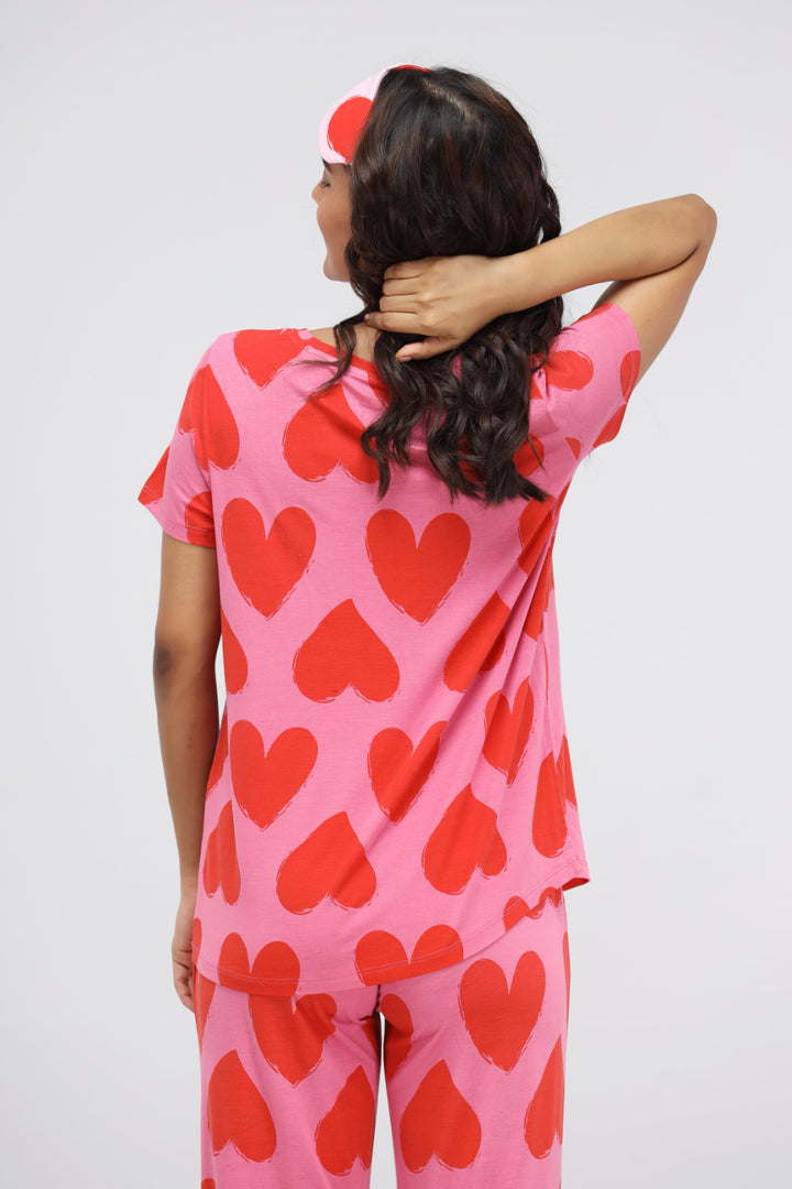 Pink Heart Modal Classic Top with red heart patterns on soft fabric.
