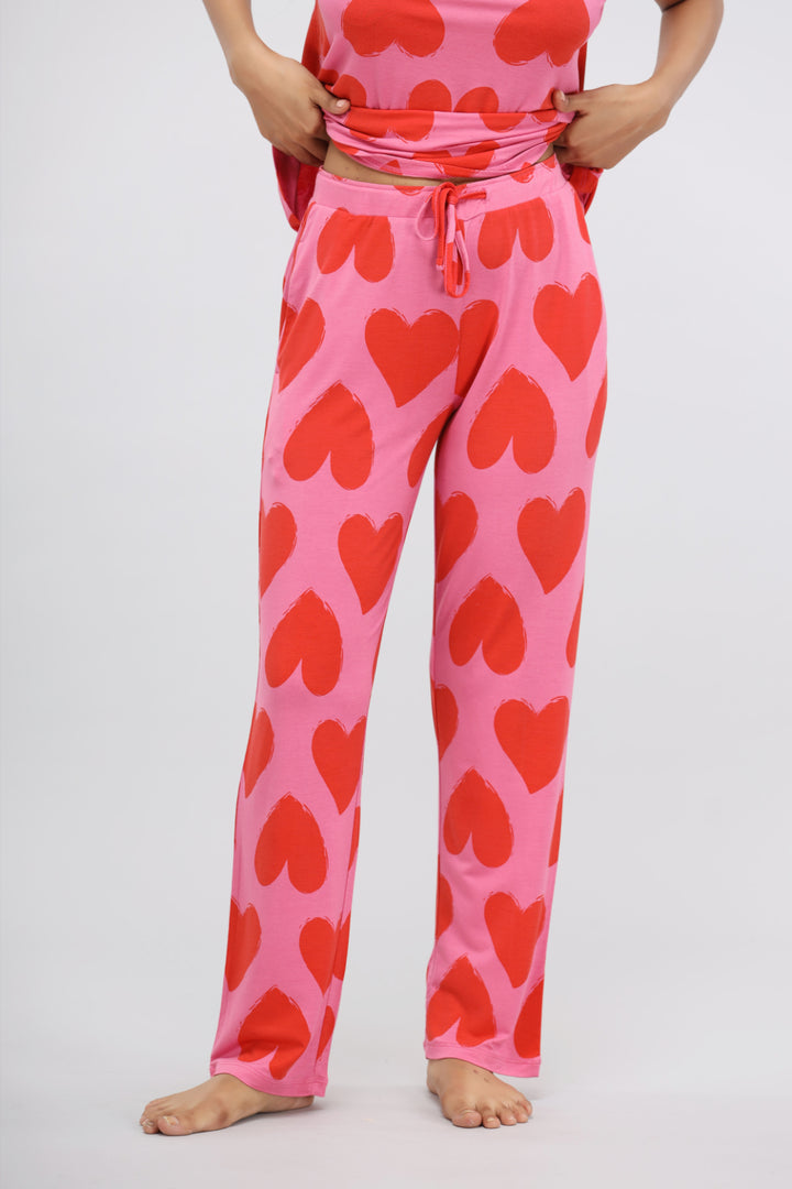 Pink Love Modal Pajama Set with red heart pattern for comfort.