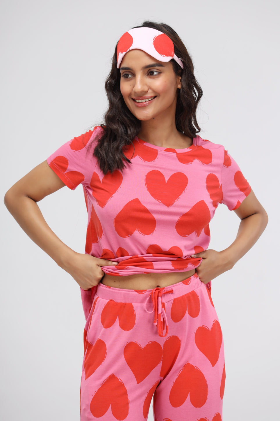 Pink Love Modal Pajama Set with heart patterns and matching headband.