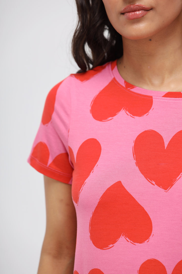 Pink heart-print modal classic top for trendy, casual style.
