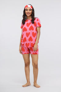 Pink love modal shorts set featuring heart patterns and matching headband.