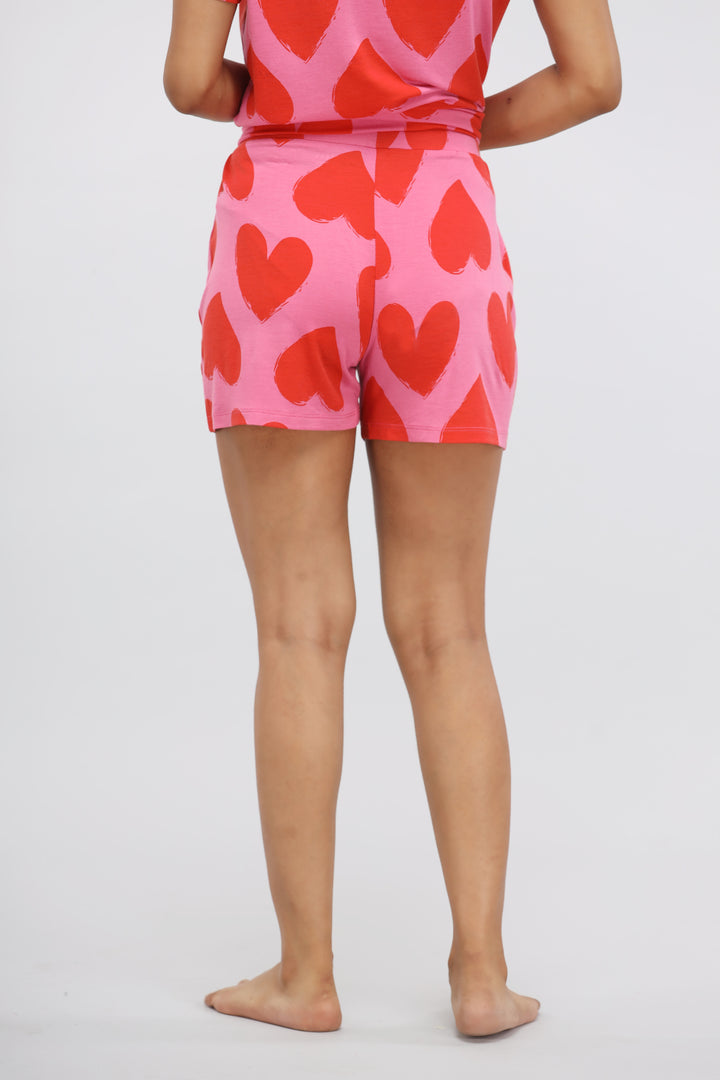 Pink Love Modal Shorts Set featuring vibrant heart patterns.