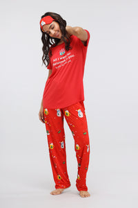 Christmas Cheer Modal Pajama Set with festive red design and playful patterns.
