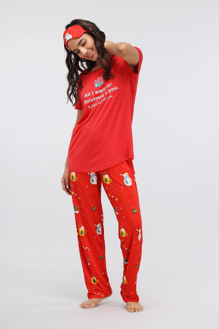 Christmas Cheer Modal Pajama Set with festive red design and playful patterns.