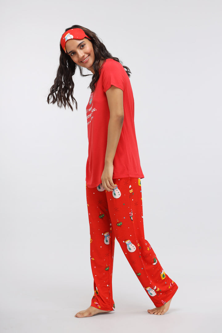 Christmas Cheer Modal Pajama Set featuring festive red snowman print.