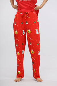 Red modal pajamas featuring festive Christmas prints and a comfortable fit.