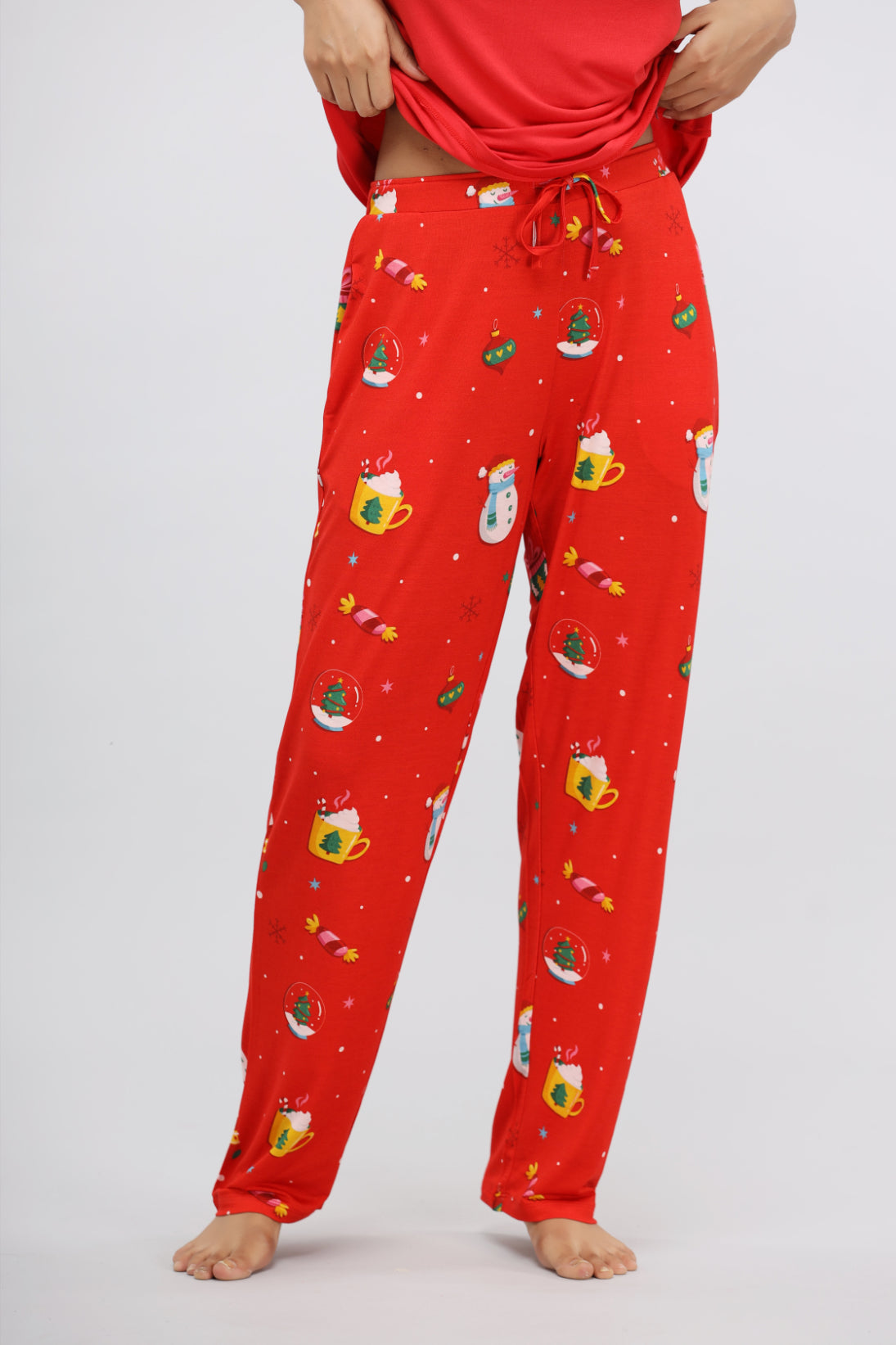 Cozy red Christmas modal pajamas with festive holiday prints.