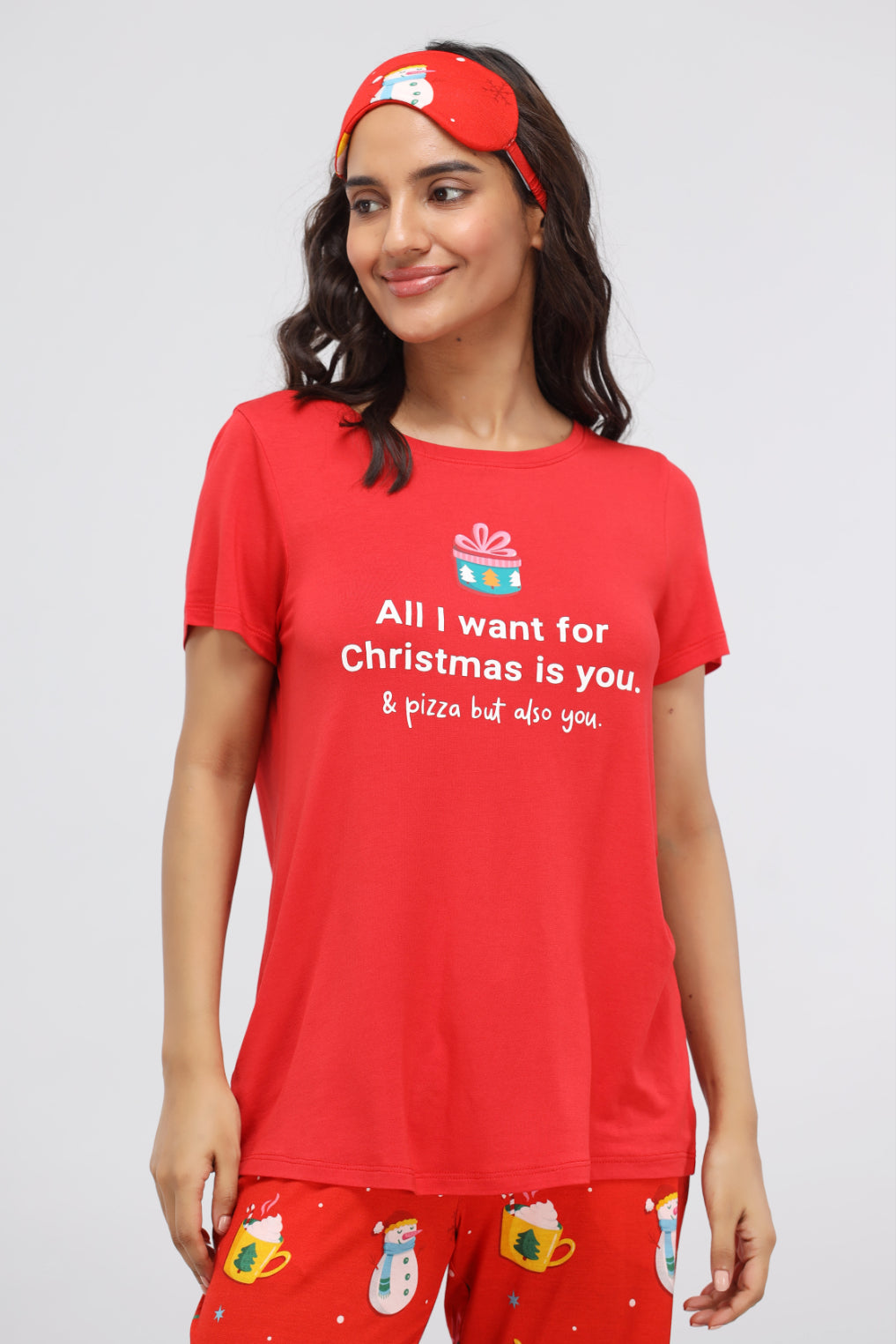 Red Christmas modal top with festive graphic and cozy design.