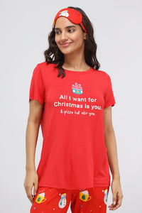 Red Christmas modal top with festive graphic and cozy design.