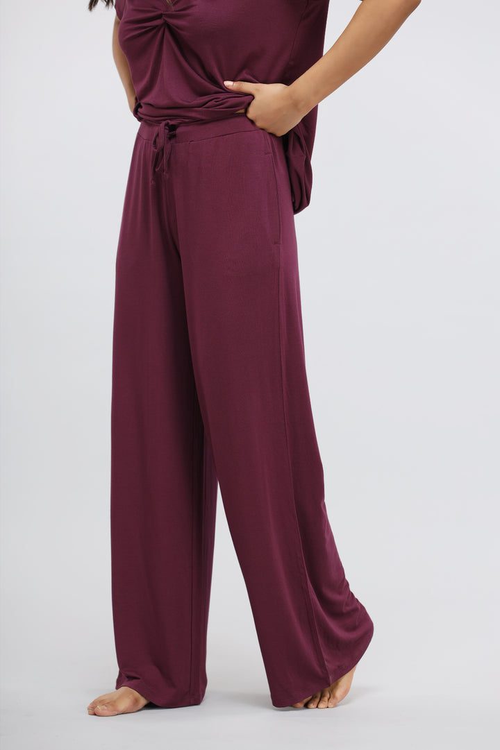 Wine flared modal lounge set with knot top, stylish and comfortable.
