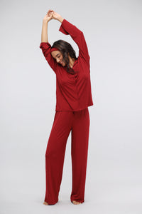 Flared modal pajama set in red with long lounge top.