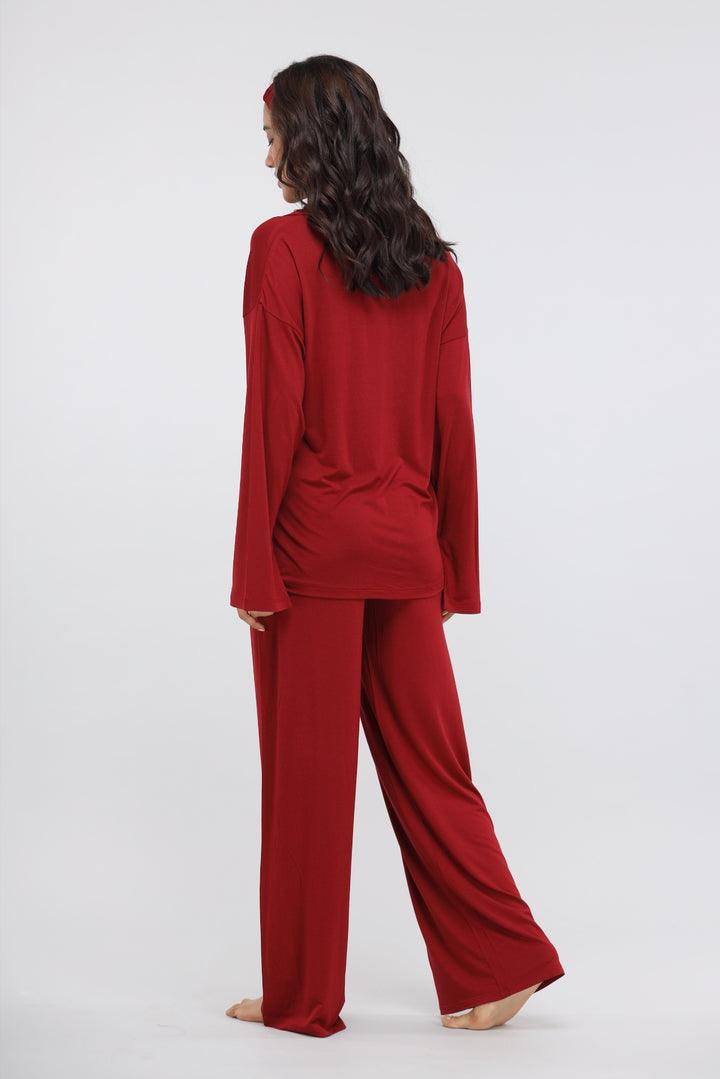 Rhubarb modal flared lounge pant outfit with long sleeves, soft fabric.
