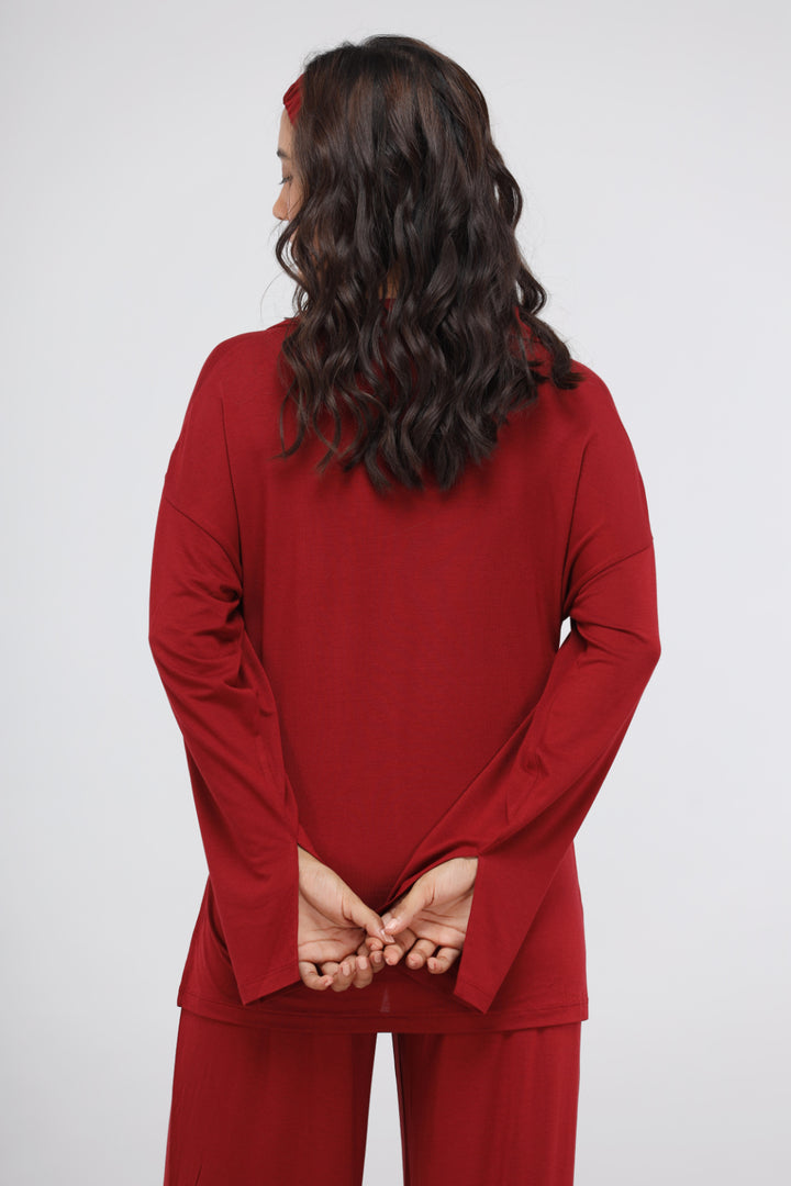 Rhubarb Modal Long Button Down Slit Top model showcasing back design.