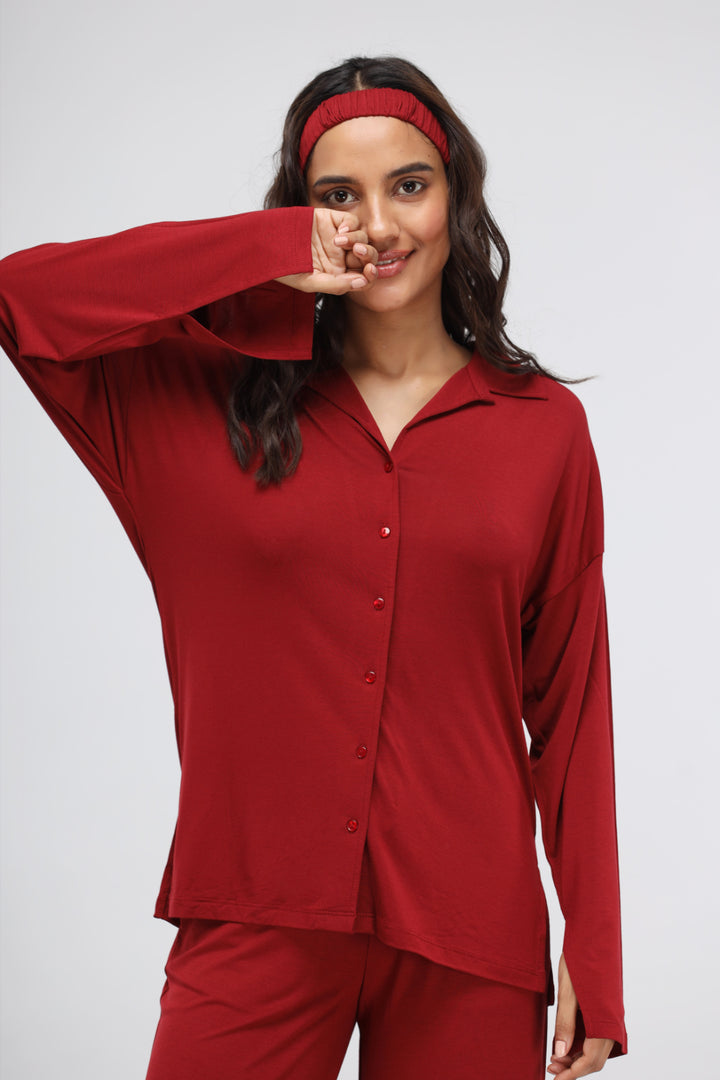 Rhubarb modal long button-down top with stylish slit design.