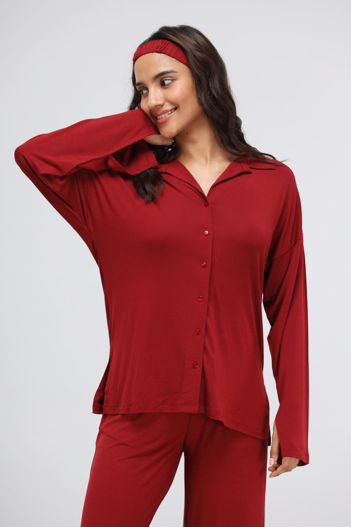 Rhubarb Modal Long Button Down Slit Top with stylish long sleeves.