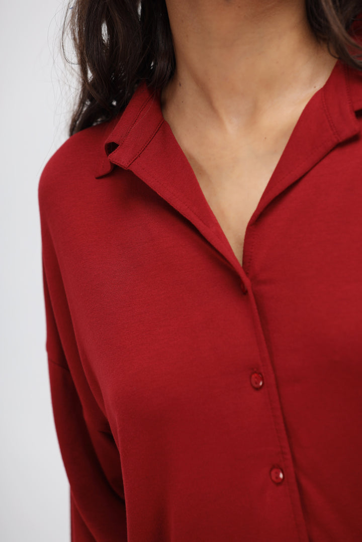 Rhubarb Modal Long Button Down Slit Top in deep red color.