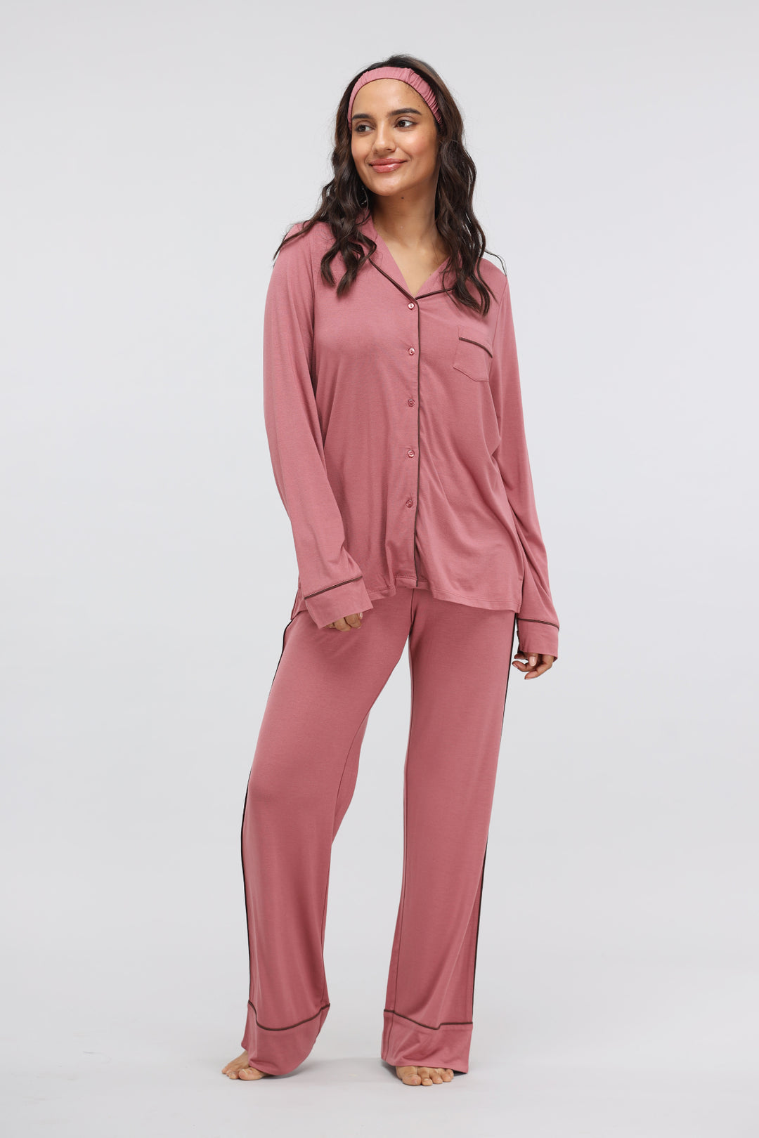 Deco Rose Modal Button Down Lounge Top with full sleeves and piping.