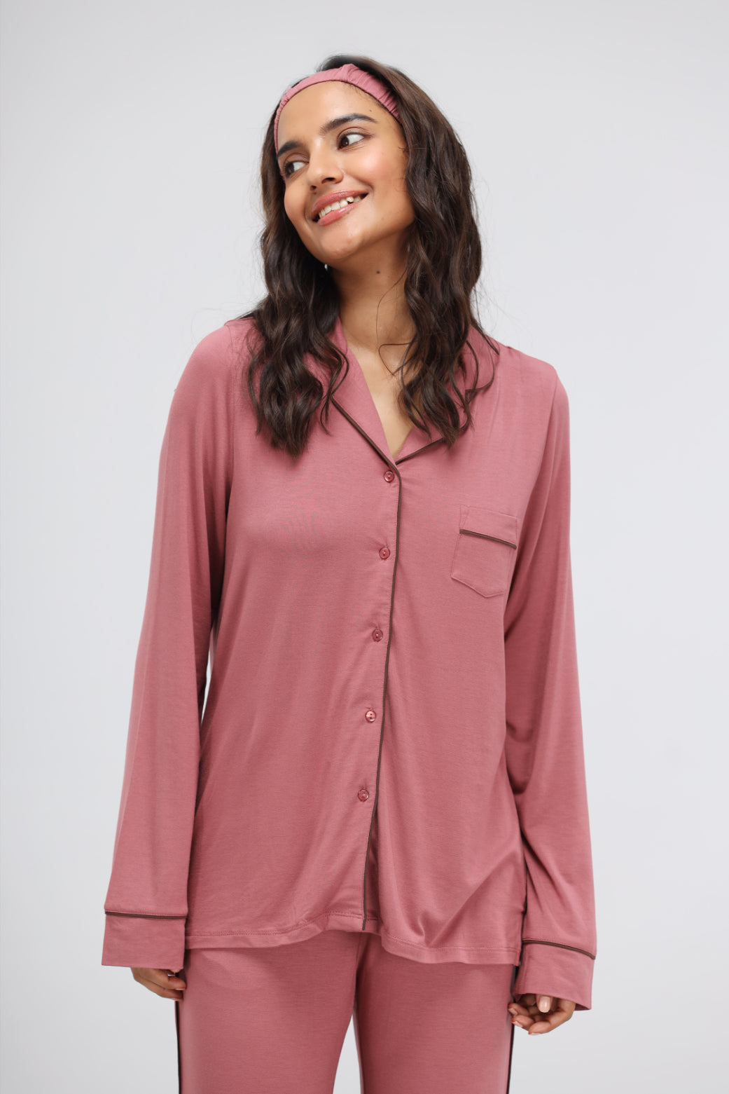 Deco Rose Modal Button Down Piping Full Sleeve Lounge Top