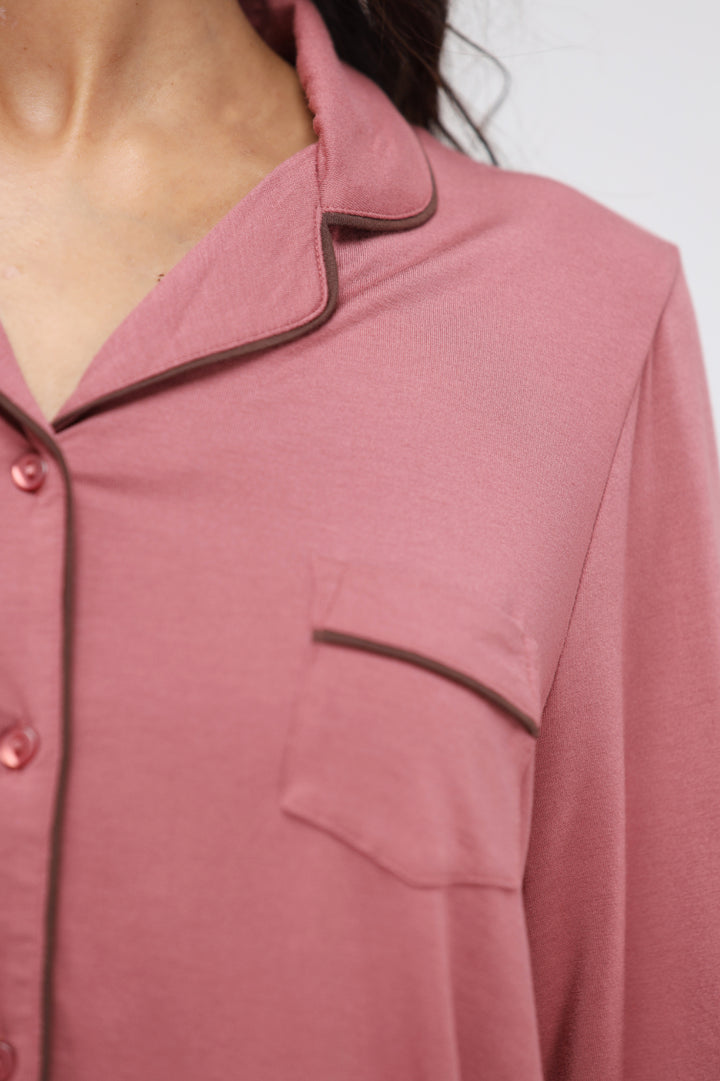 Deco Rose Modal Button Down Full Sleeve Lounge Top detail shot.