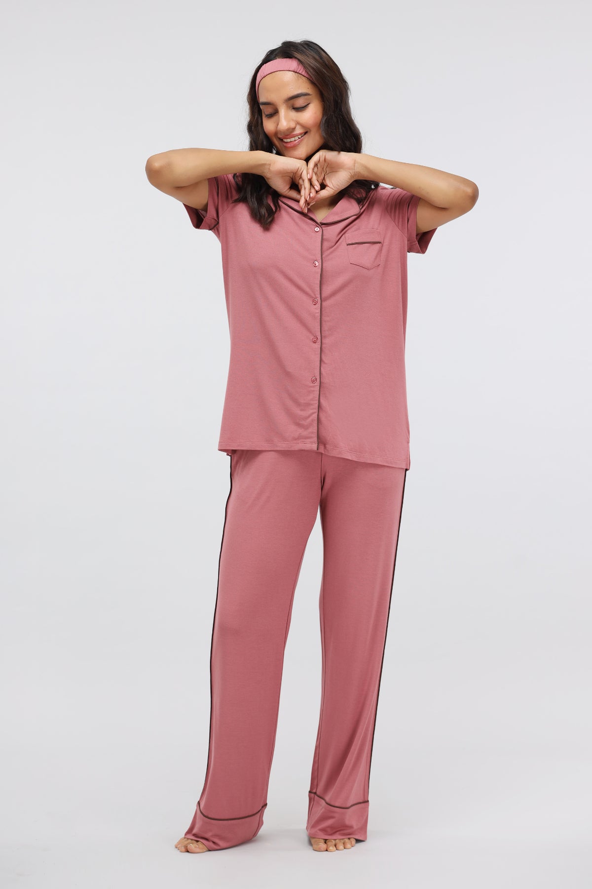 Deco Rose Modal Button Down Lounge Top with Half Sleeves and Piping.