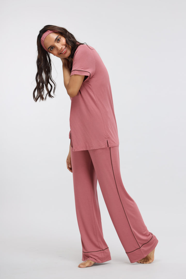 Deco Rose Piping Modal Pajama Set with stylish half sleeve top.