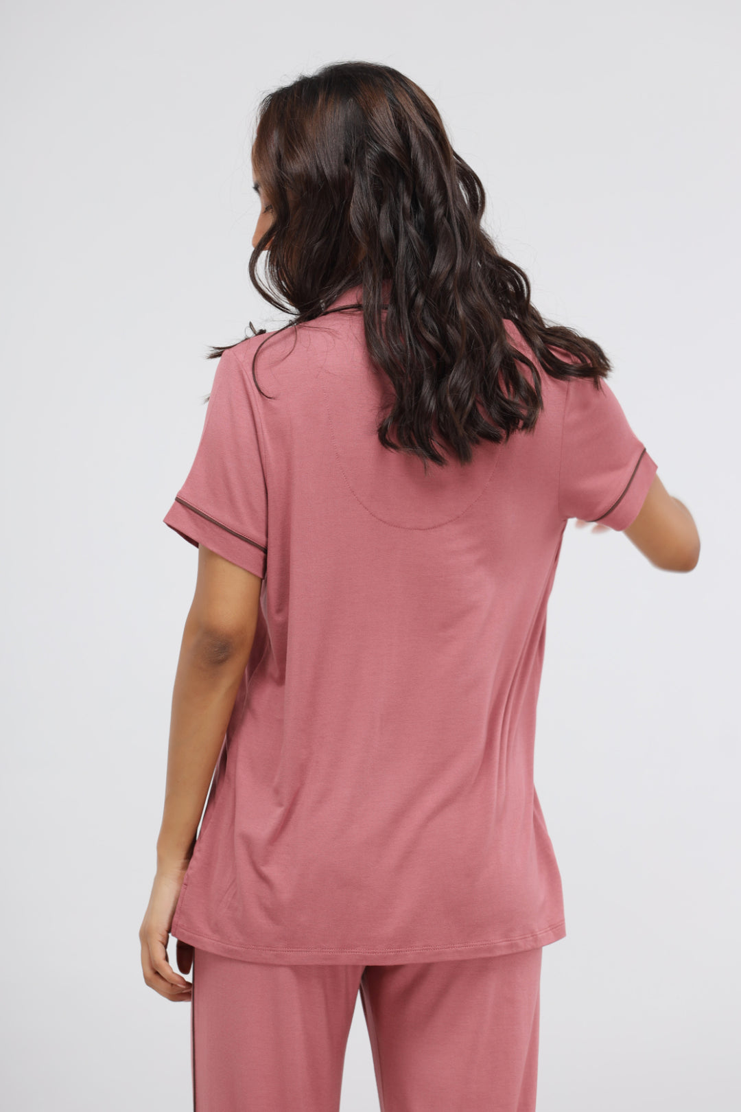Back view of Deco Rose Modal Button Down Lounge Top in pink.