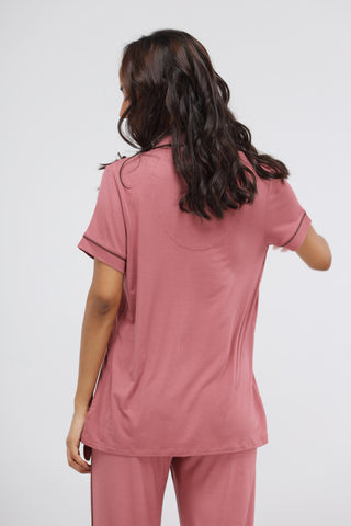 Deco Rose Modal Button Down Piping Half Sleeve Lounge Top