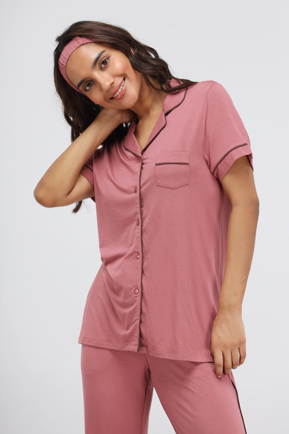 Deco Rose Modal Button Down Half Sleeve Lounge Top for women.