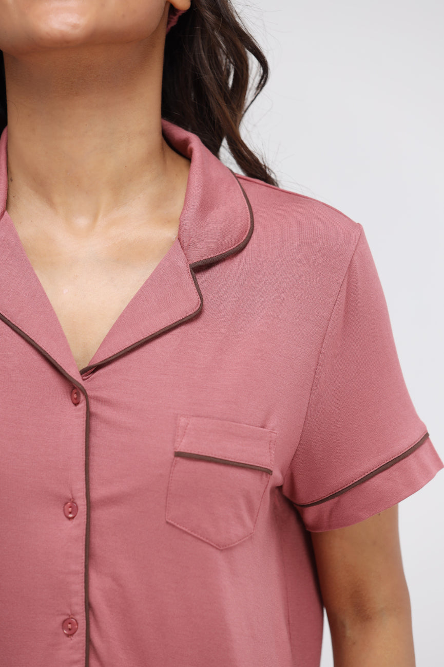 Deco Rose Modal Button Down Half Sleeve Lounge Top with piping detail.
