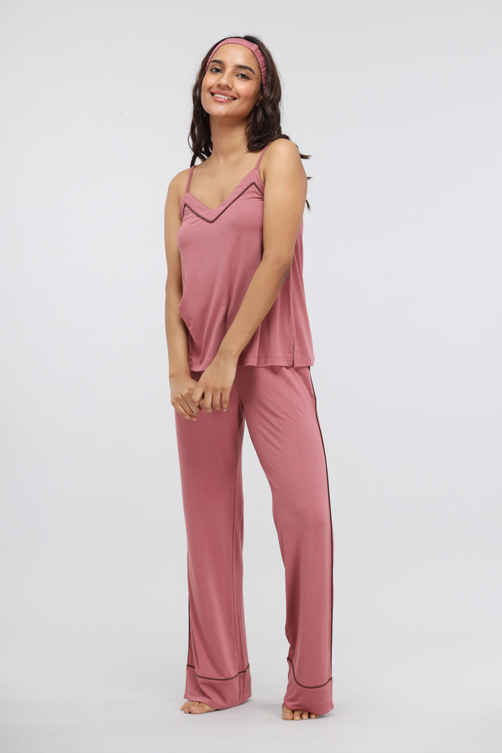 Deco Rose Modal Tank Top with matching pants and headband, model standing.