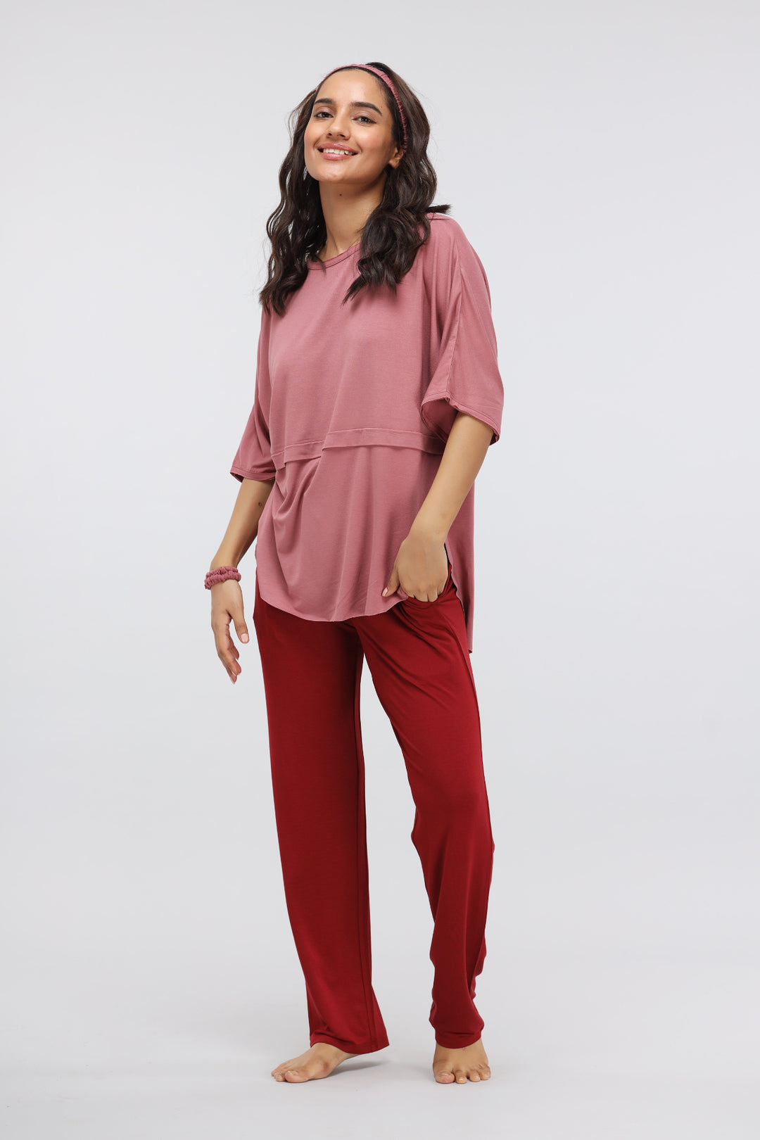 Deco Rose Modal Oversized Lounge Top in stylish pink and red outfit.