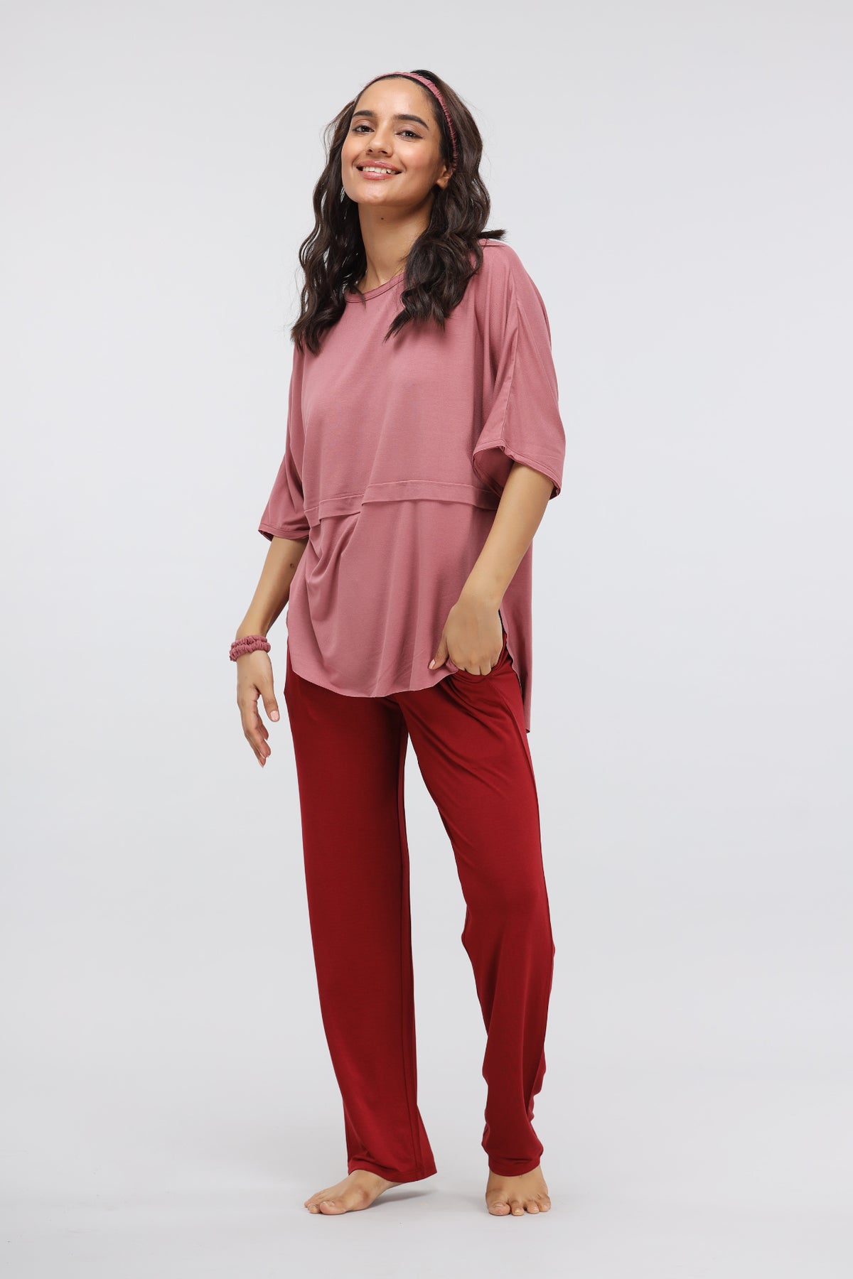 Deco Rose Modal Oversized Lounge Top in stylish pink and red outfit.