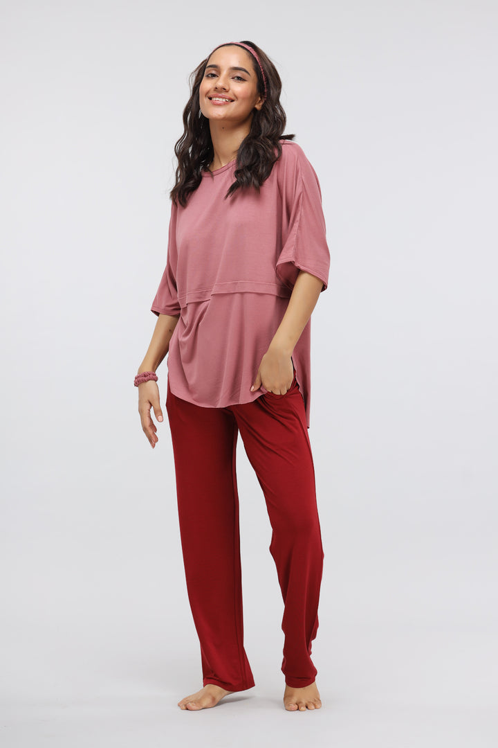Deco Rose Modal Oversized Lounge Top in stylish pink and red outfit.