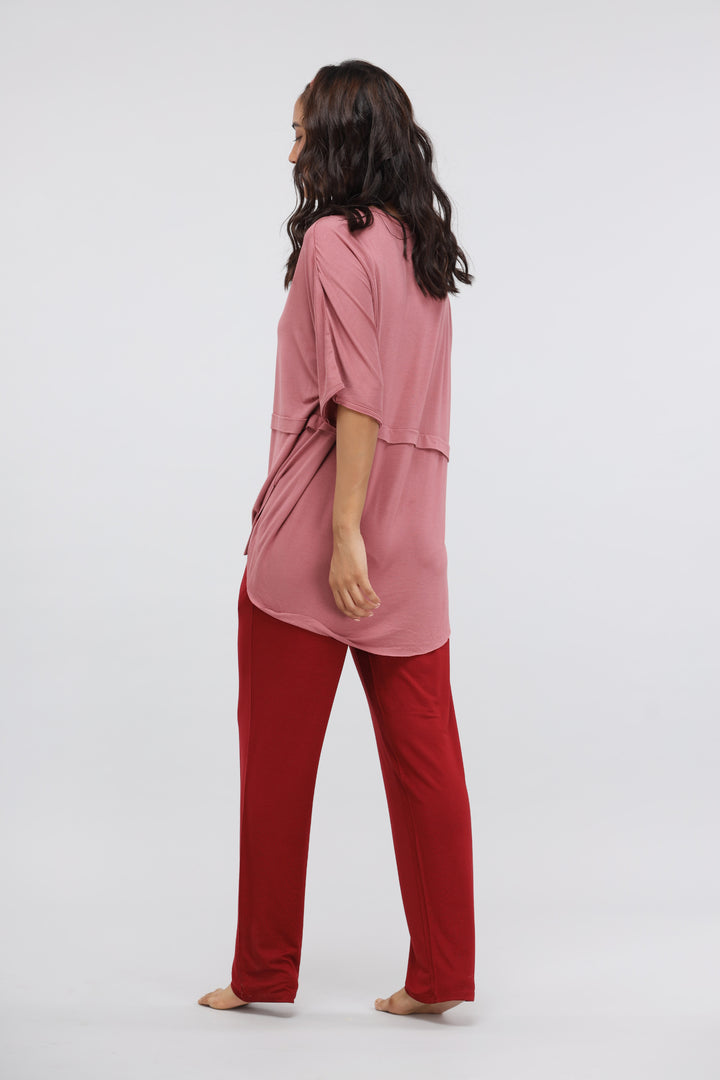 Rhubarb straight modal lounge set featuring long top and comfortable pants.