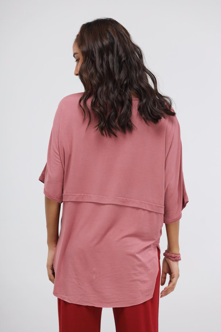 Back view of Deco Rose Modal Oversized Lounge Top on model.