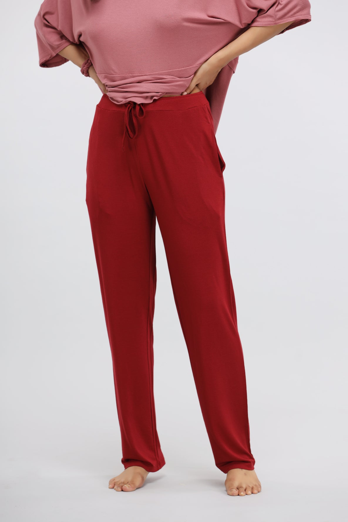 Rhubarb Modal Straight Lounge Pant styled with a soft pink top.